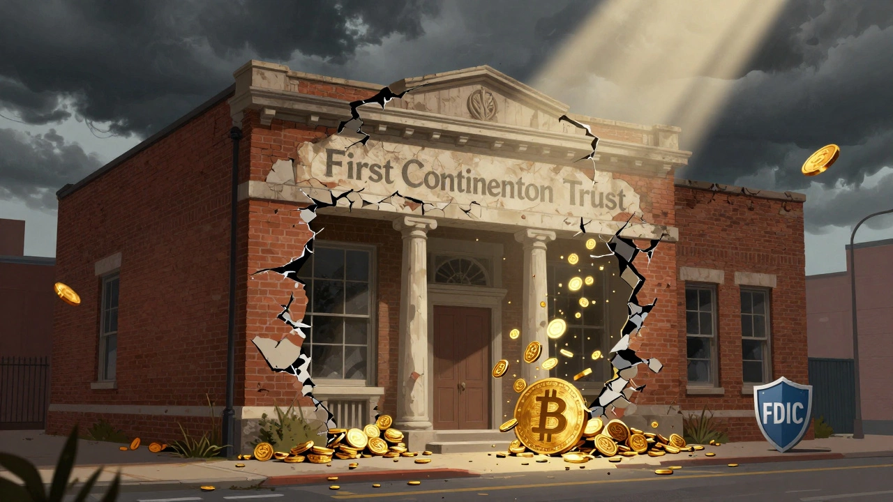 Crumbling bank building with coins melting into crypto symbols under stormy sky.