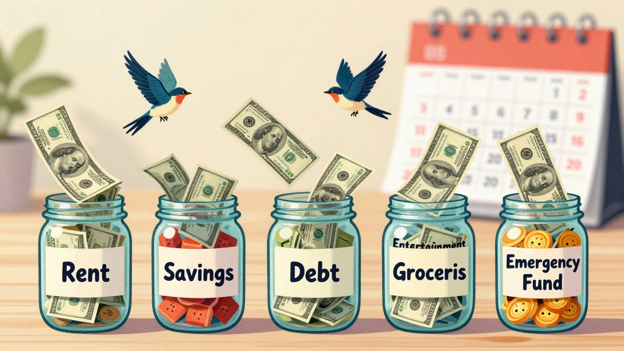 Dollar bills flying into labeled jars for rent, savings, debt, and entertainment.