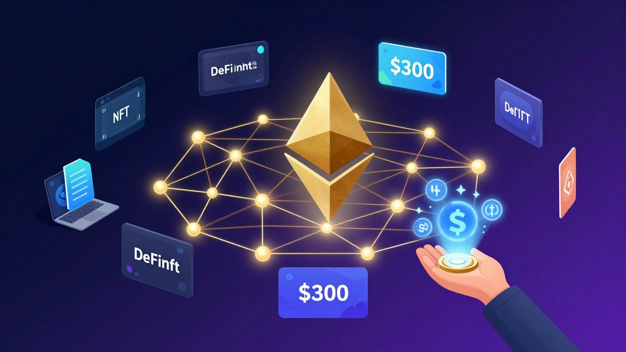 Ethereum network glowing with decentralized apps and staking rewards, representing ecosystem growth and passive income.