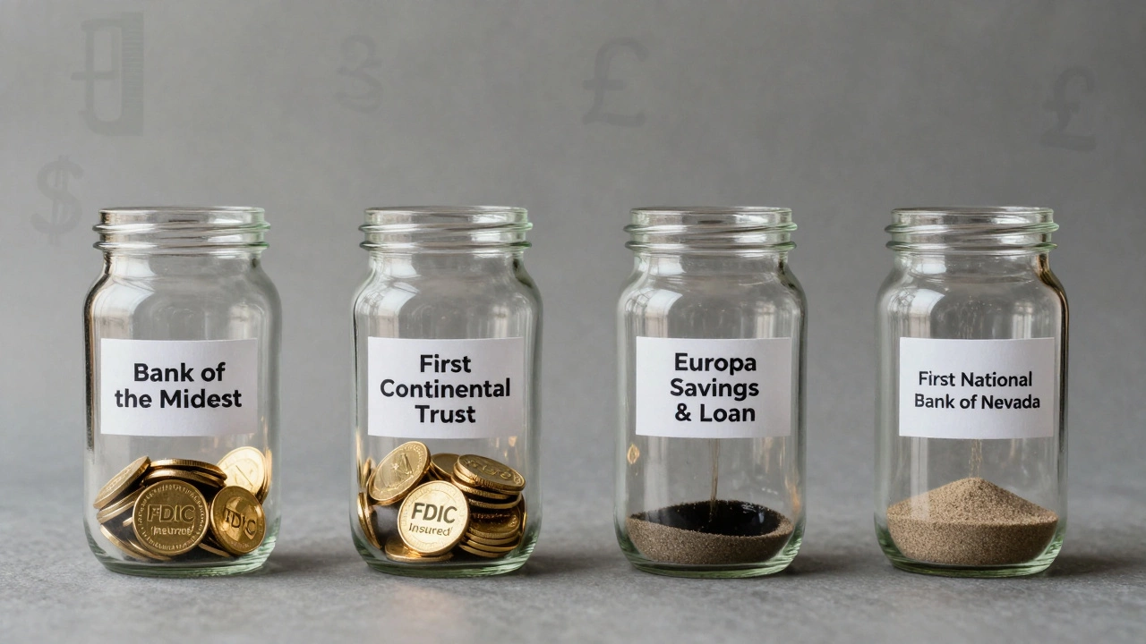 Four leaking jars labeled with troubled banks, one partially filled with insured gold coins.