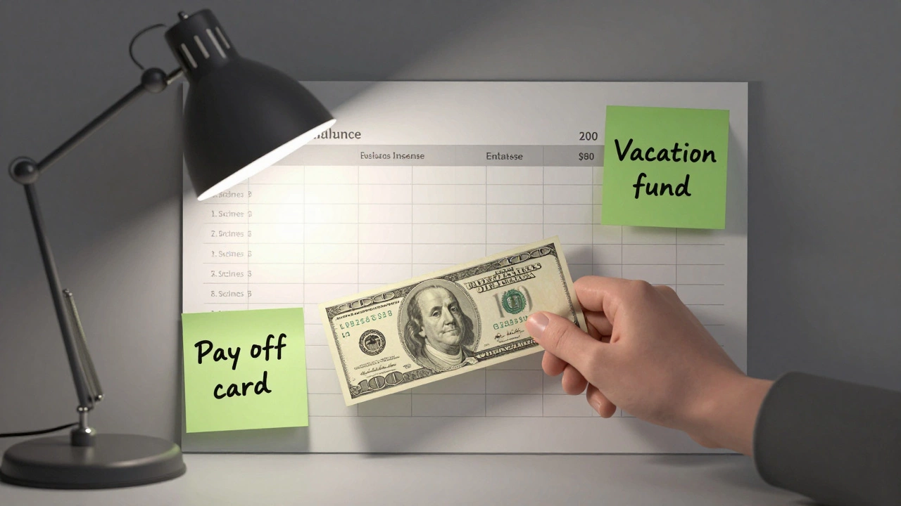 Hand placing the last dollar on a balanced spreadsheet with handwritten financial goals.