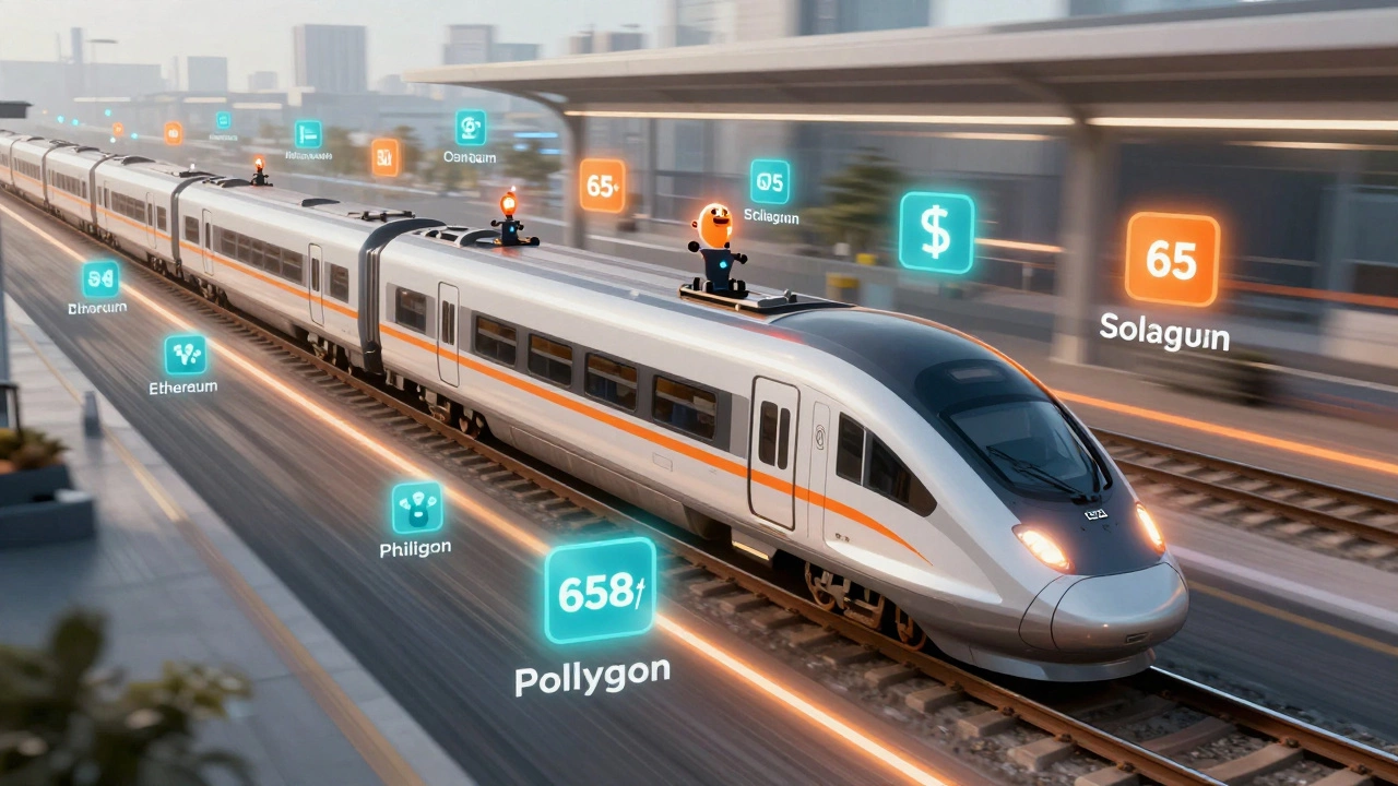 Solana blockchain as a high-speed train overtaking others, with tokenized assets and AI bots boarding, symbolizing speed and innovation.