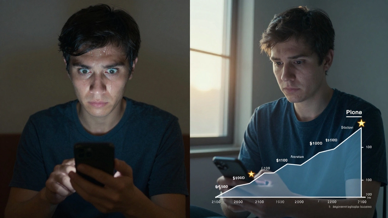 Split image: one side shows stress over crypto trading, the other shows calm investing in a regulated ETF.