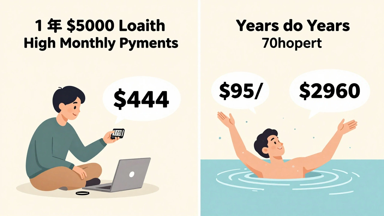 Split-screen illustration comparing short-term vs long-term personal loan costs.