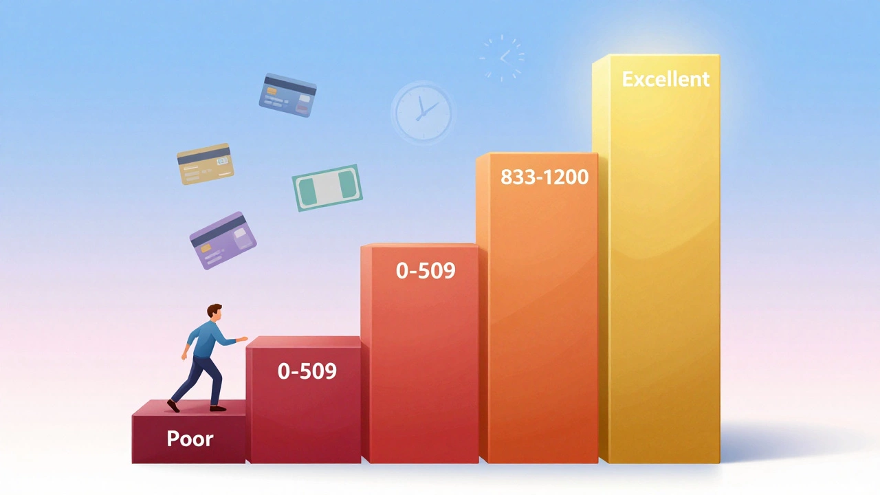 Staircase with colored gates representing Australian credit score tiers from poor to excellent