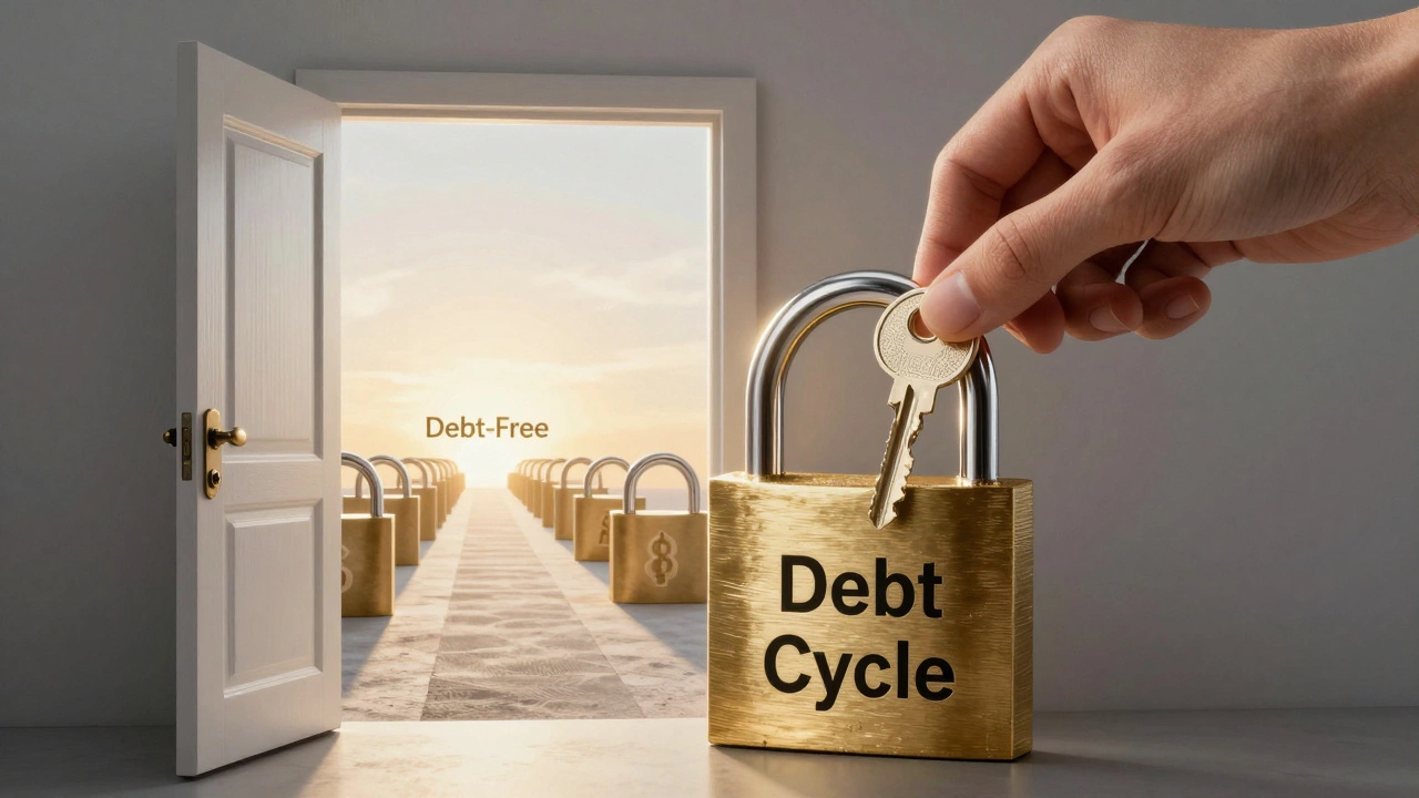 Symbolic image of unlocking a debt cycle with a path leading to financial freedom.