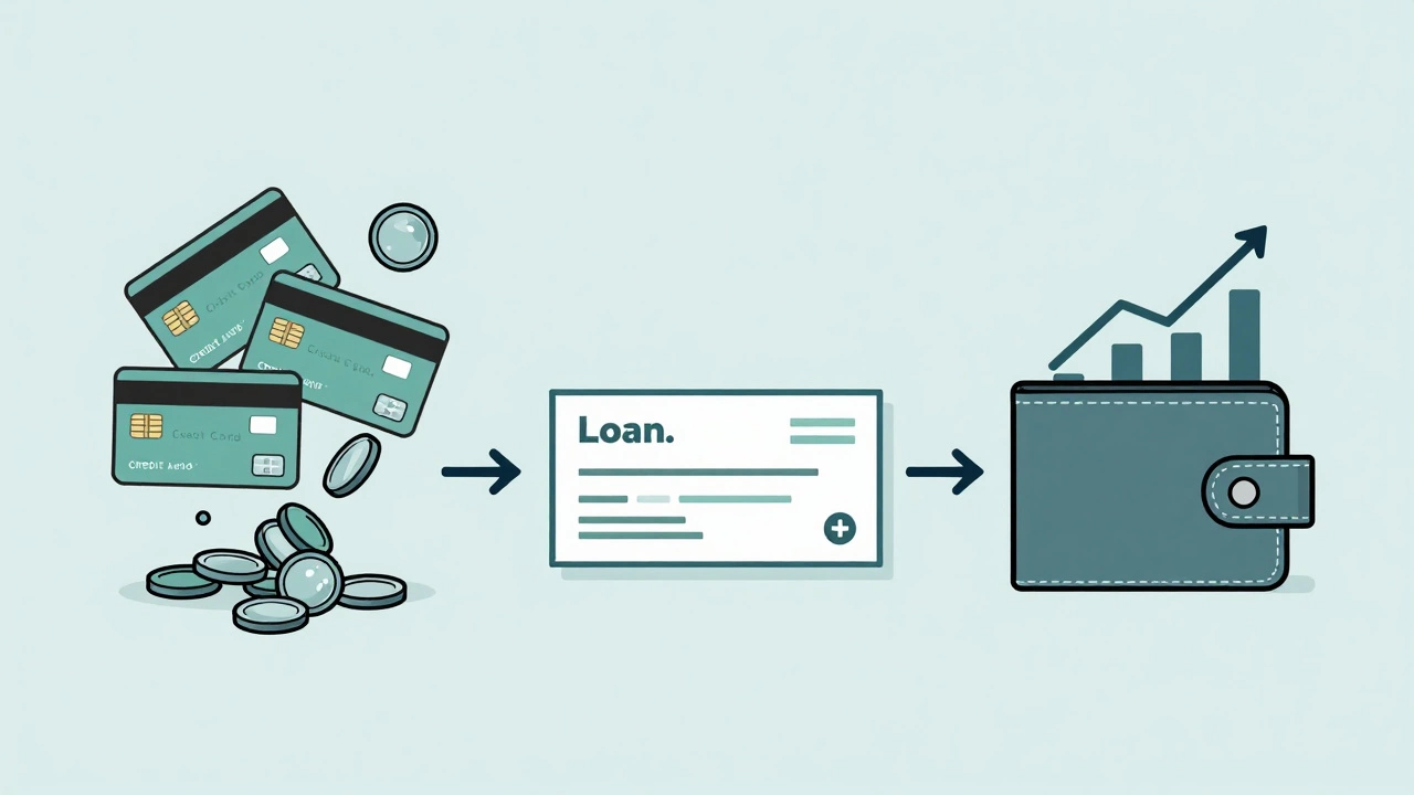 Timeline illustrating debt consolidation process from multiple high-balance cards to one loan.