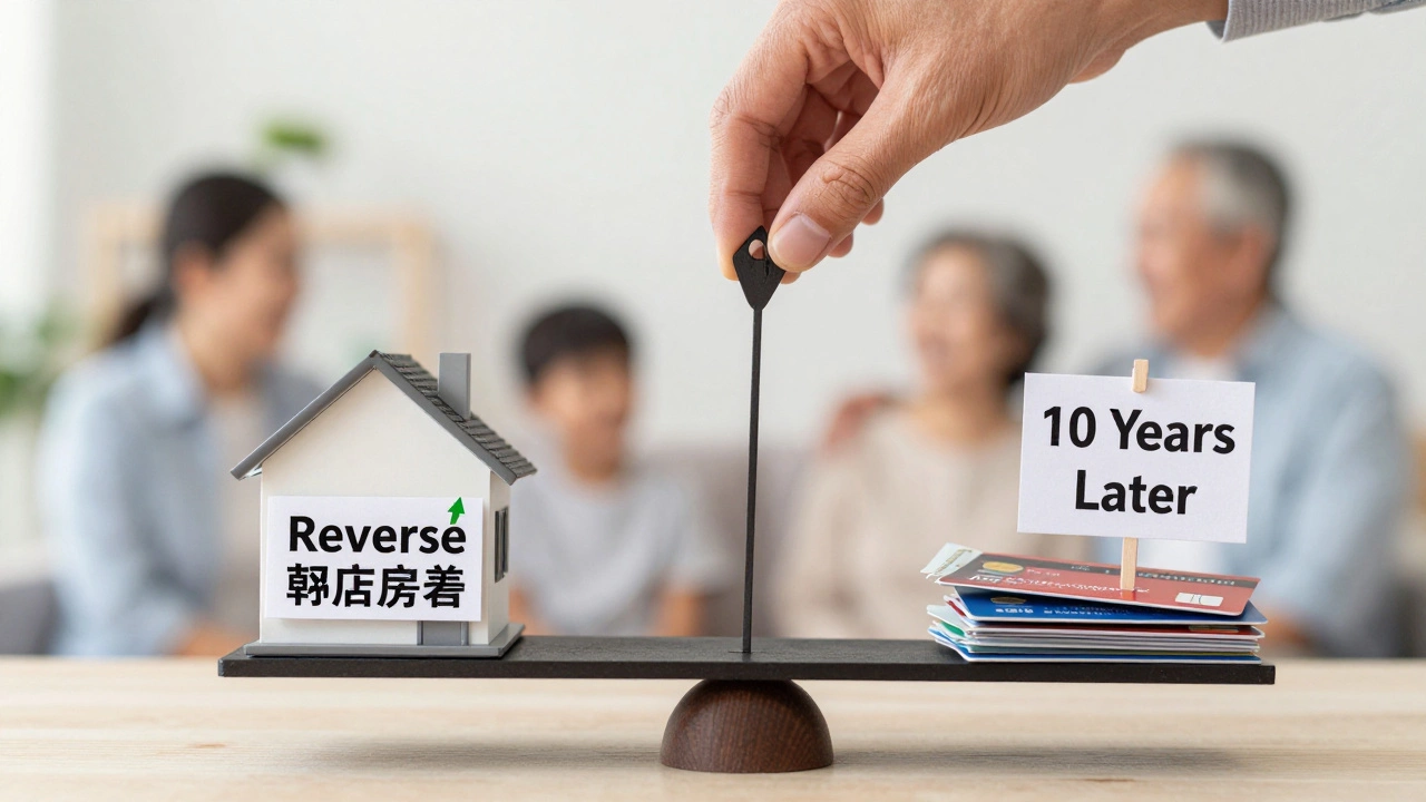 A balance scale weighing a home with compound interest against piles of high-interest debt.