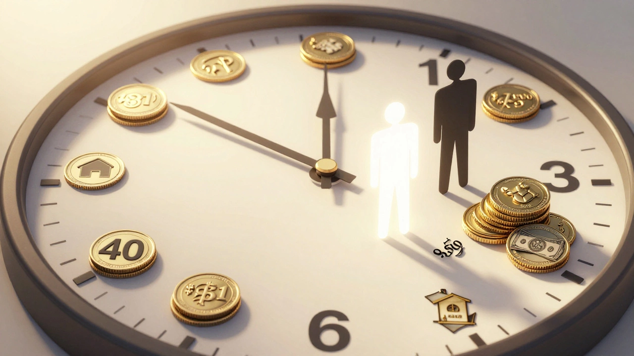 A clock face showing retirement savings accumulation over decades, with ,500 highlighted at age 65.