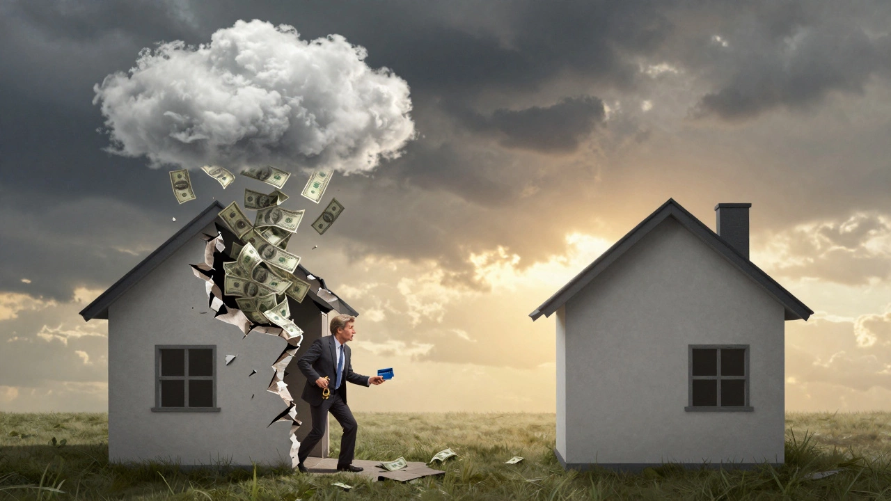 A house half-transformed into rising debt bills, with a person hesitating at its doorway.