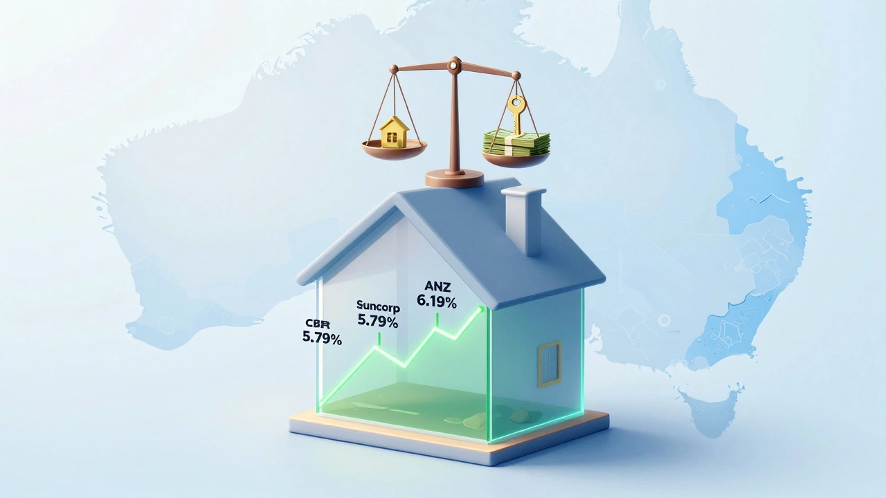 A house with transparent walls showing equity and loan rate options as glowing pathways, with a balance scale above.