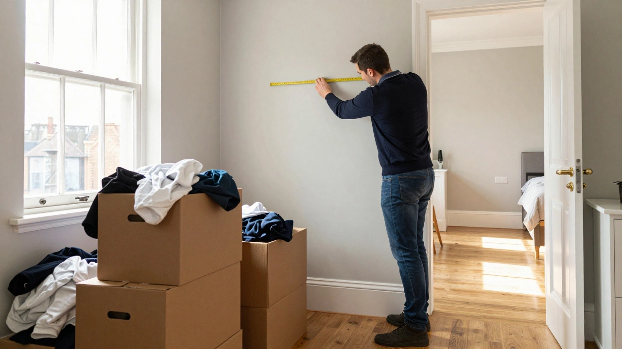 A messy bedroom with boxes and laundry blocking the floor, an appraiser measuring the wall while sunlight reveals hidden damage.