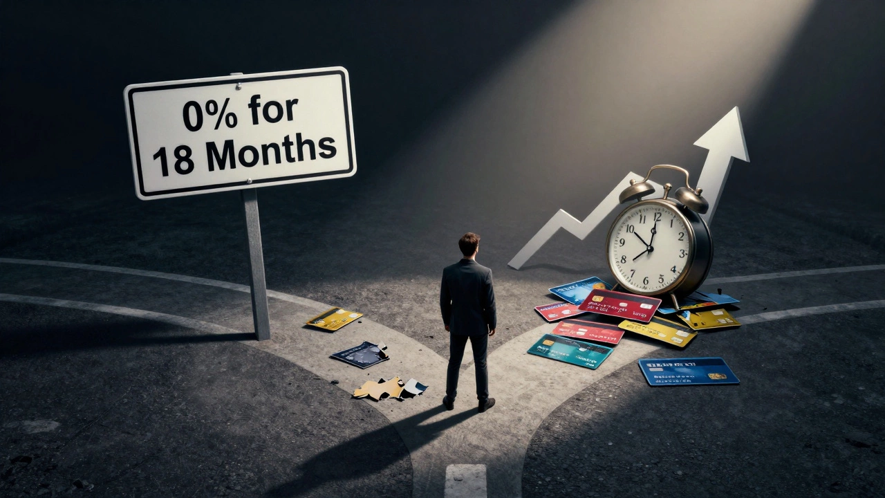 A person choosing between two paths—one leading to debt freedom, the other to financial traps with rising interest and broken cards.