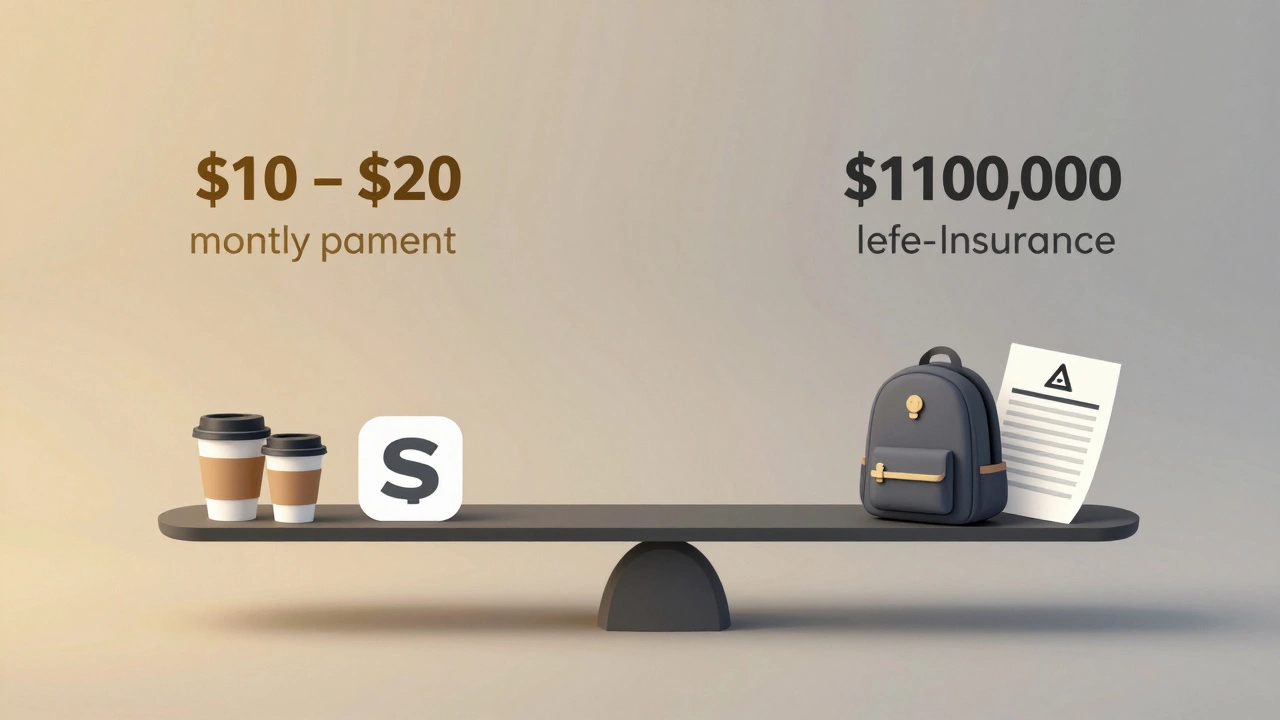 A scale balances a small monthly payment against a 0,000 life insurance payout with symbolic household items.