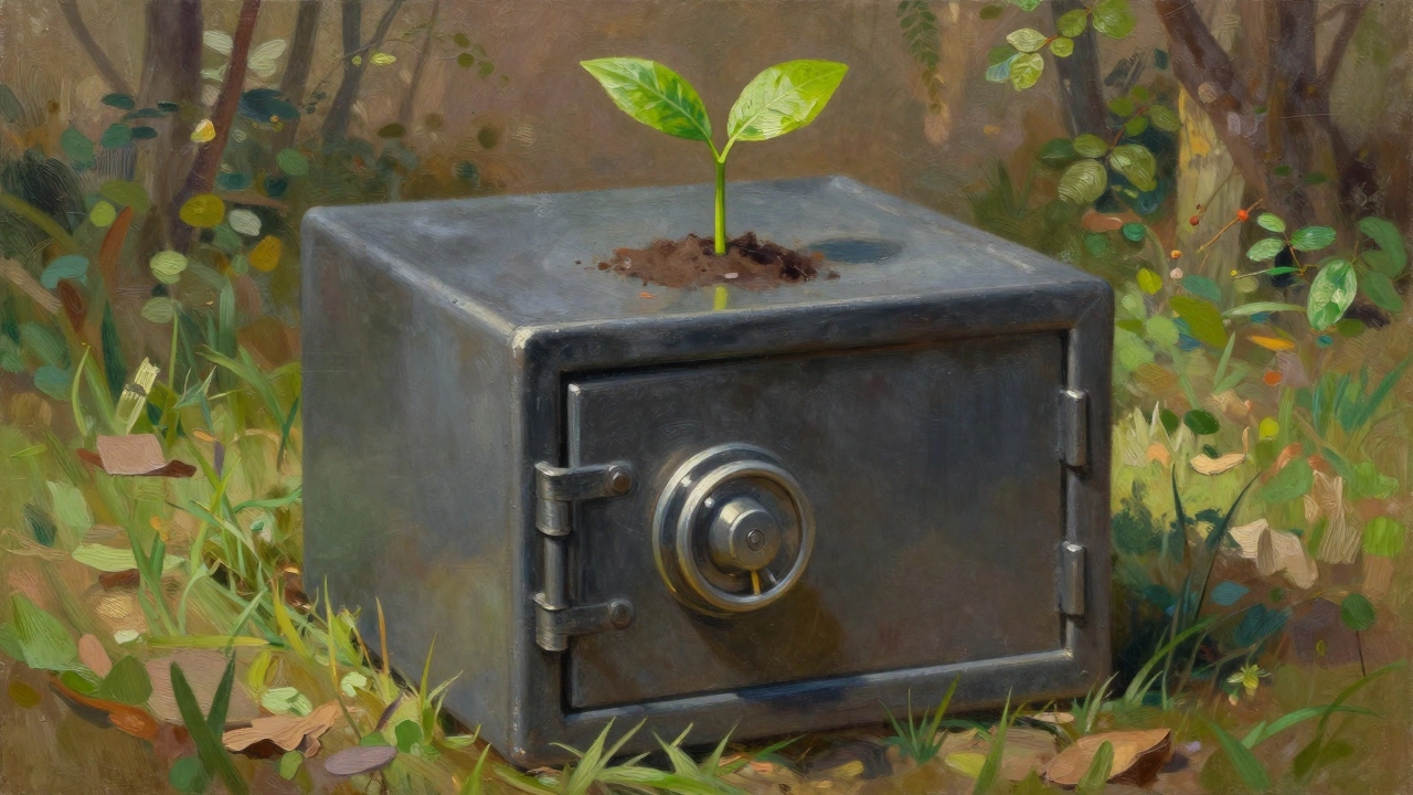 A secure chest supporting a growing sapling in a field.