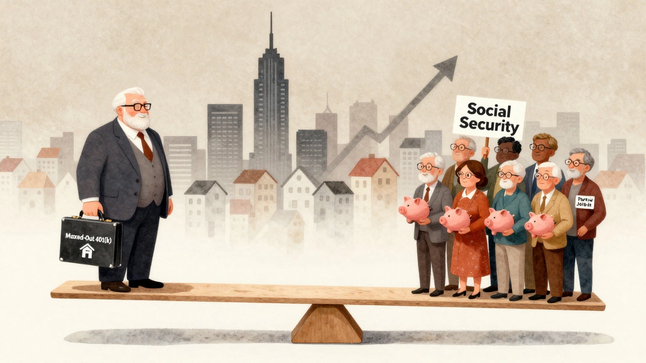 A seesaw balancing one wealthy retiree against a group of average retirees with Social Security and part-time work symbols.