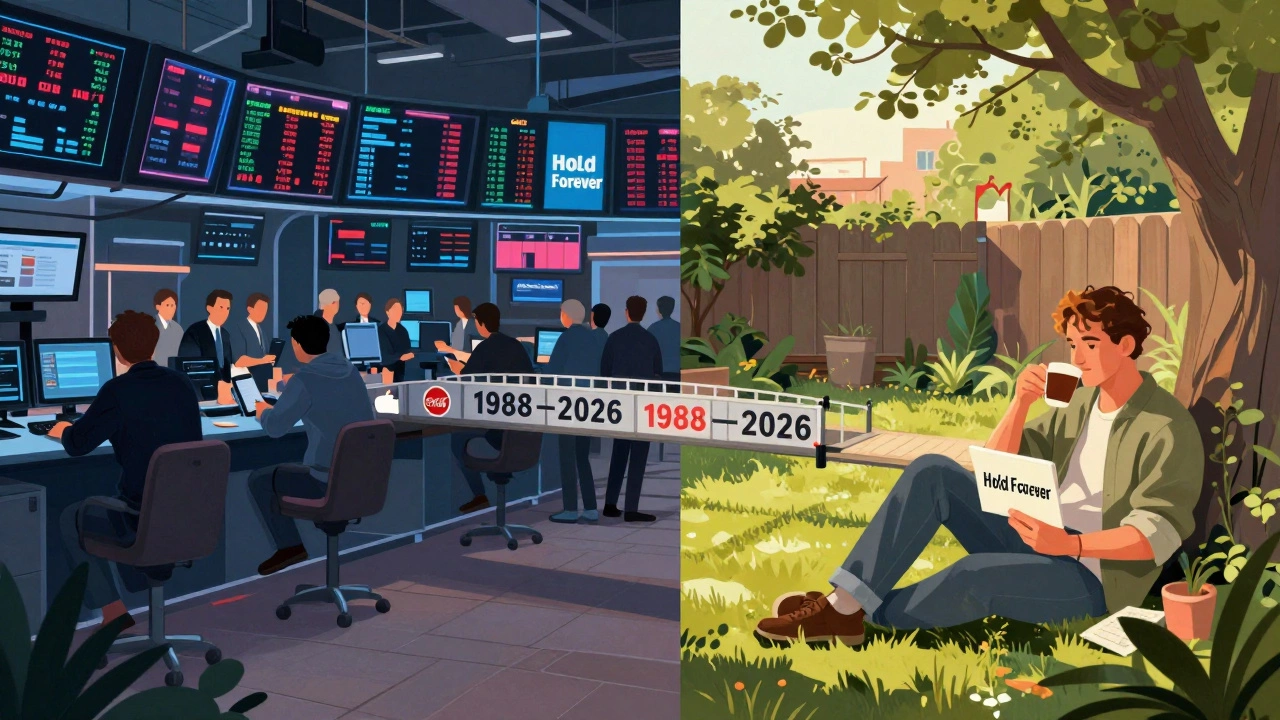 A split scene contrasting chaotic trading floor with a calm person holding a 'Hold Forever' sign across decades.