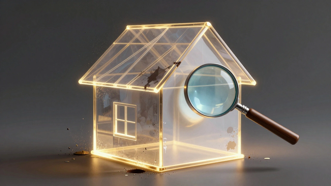 A transparent house with glowing structure and shadowy clutter obscuring its value, an appraiser's magnifying glass highlighting clarity.
