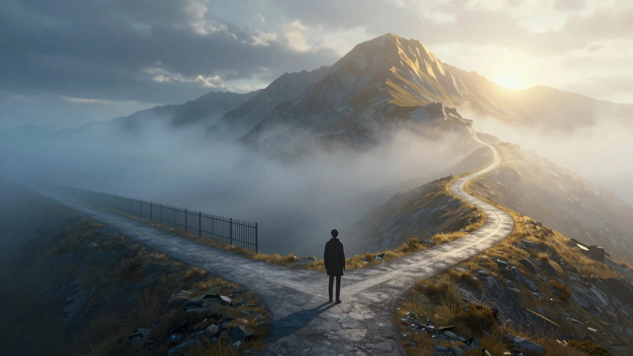 A traveler choosing between a safe flat path and a risky mountain trail.