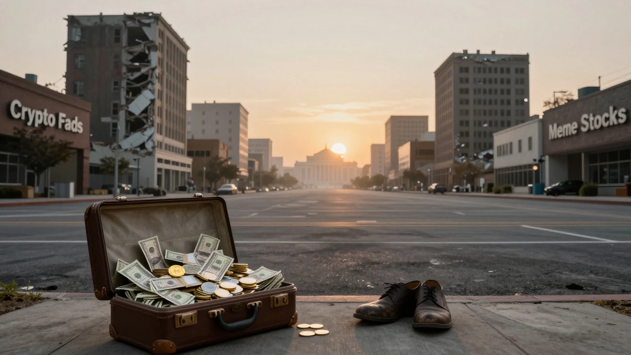 An empty financial landscape at dawn with crumbling speculative buildings and a suitcase of cash waiting patiently.