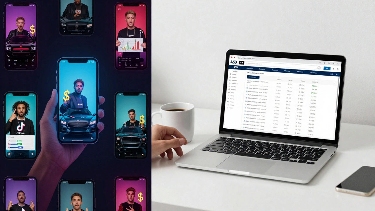 Contrasting chaotic social media influencers with a calm workspace showing ASX and Morningstar data.