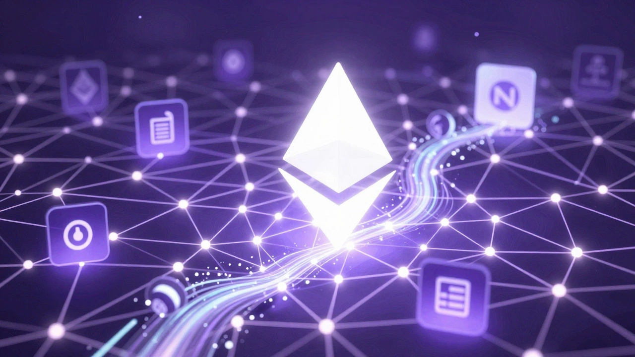 Ethereum's network as a glowing lattice of interconnected nodes powering DeFi and NFTs.