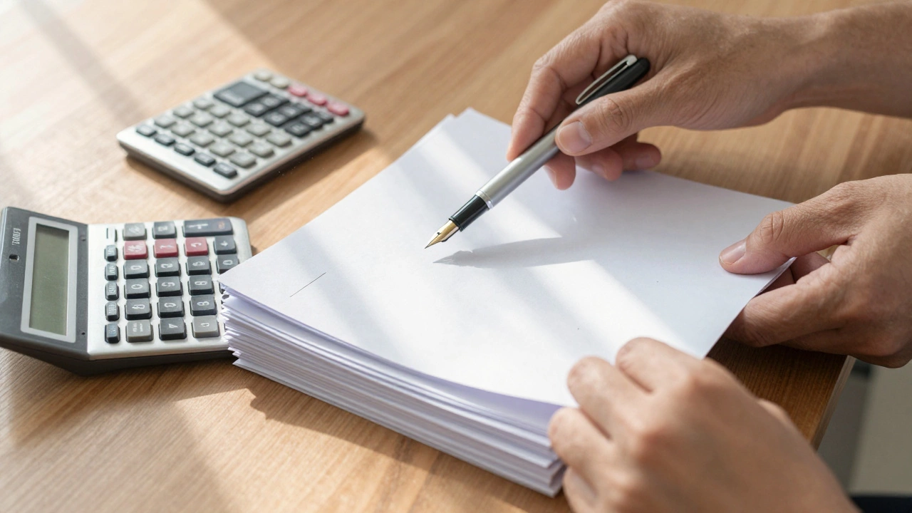 Hands sorting through financial documents on a wooden desk with a calculator nearby.