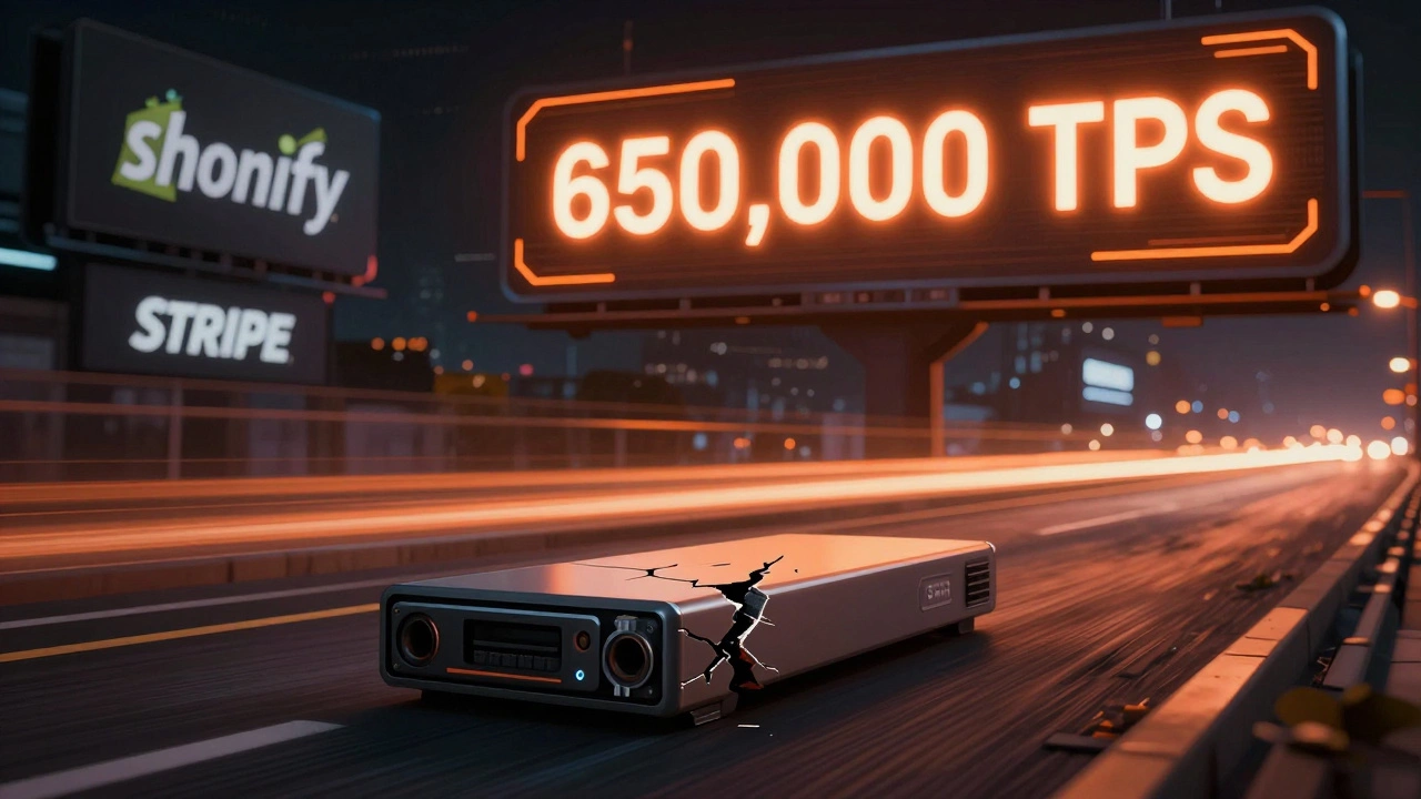 High-speed Solana transactions on a digital highway with one cracked node in foreground.