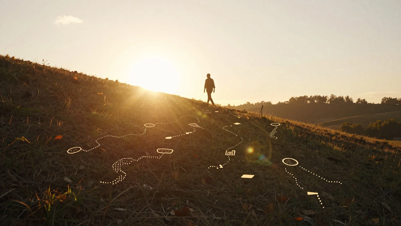 Silhouette walking up hill toward sunrise for hope