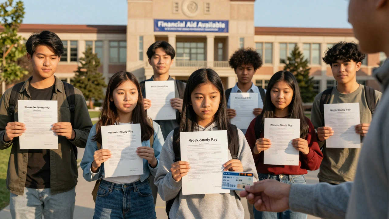 Students holding college acceptance letters and FAFSA confirmations in front of a university campus.