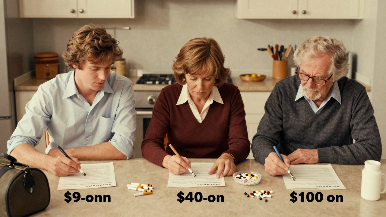 Three individuals at kitchen tables show how age and health affect life insurance costs, with personal cues around them.