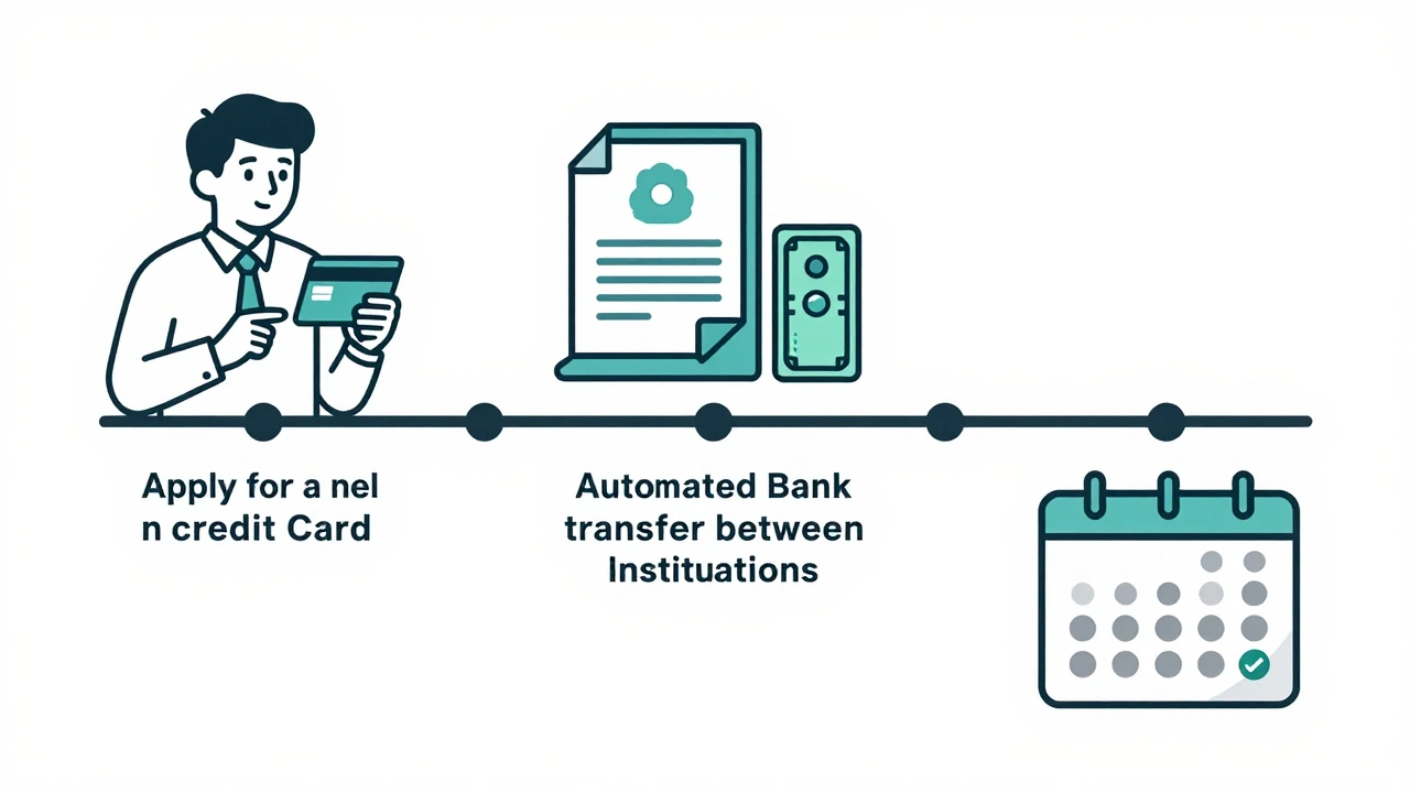 Three-panel illustrated timeline showing the balance transfer process: applying, transferring, and paying off debt over time.