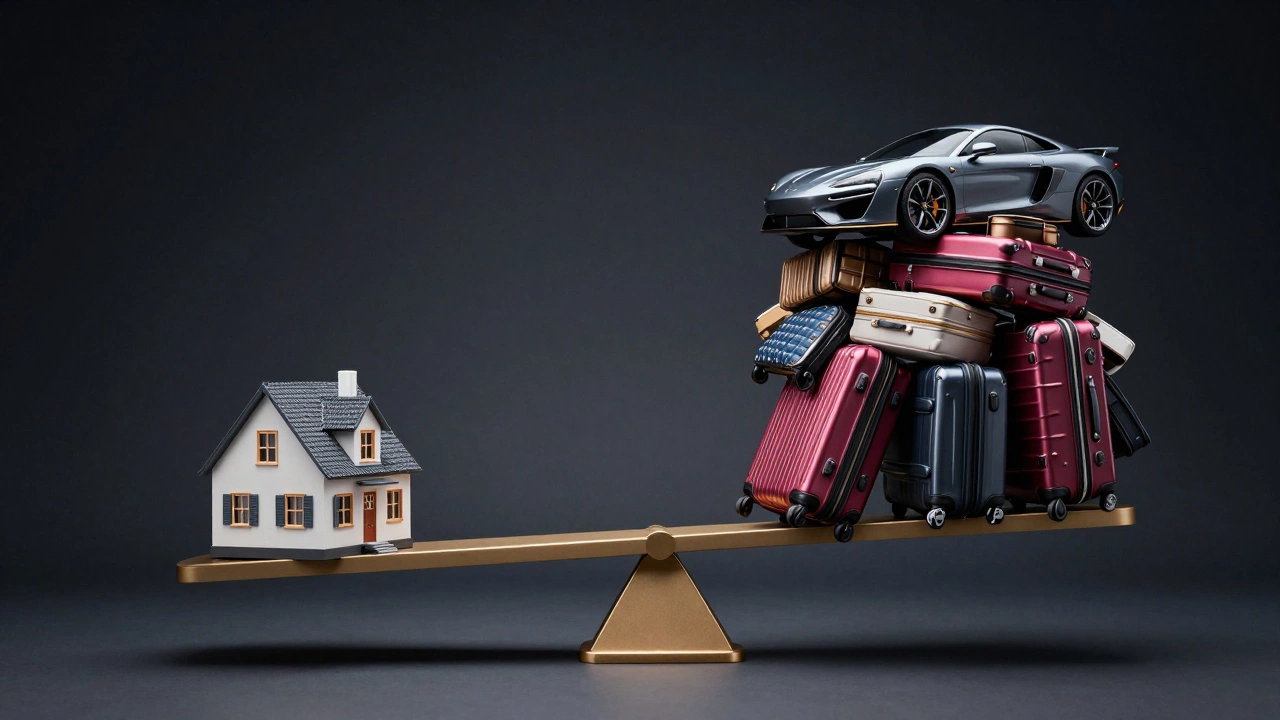 A balance scale with a house on one side and luxury goods on the other, tilted toward the goods.