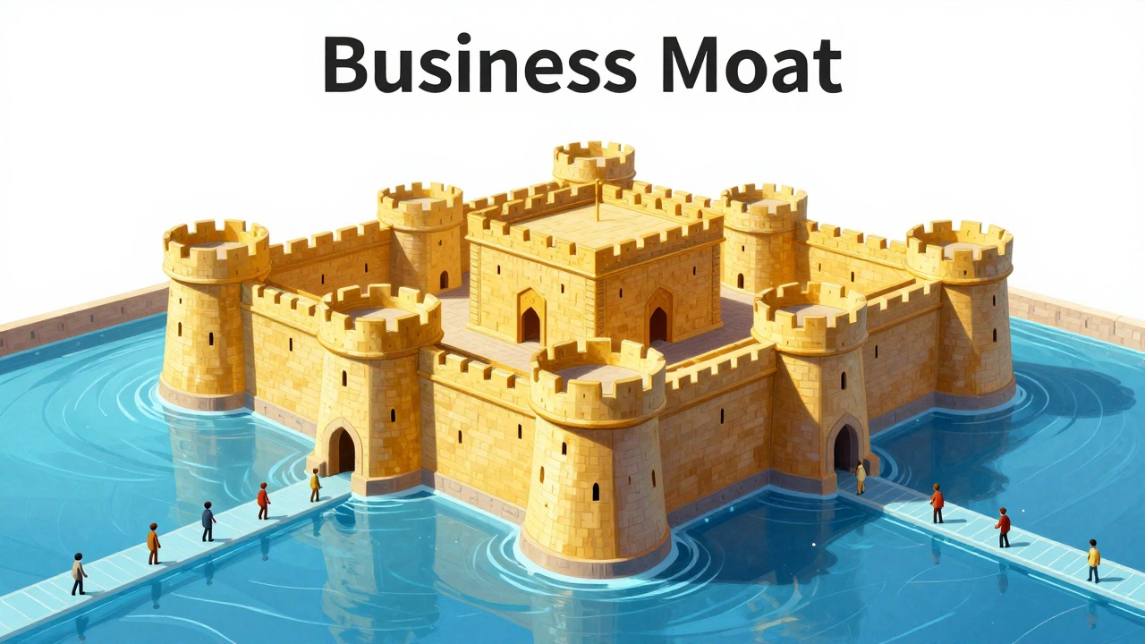 A golden fortress surrounded by a deep blue moat protecting its value