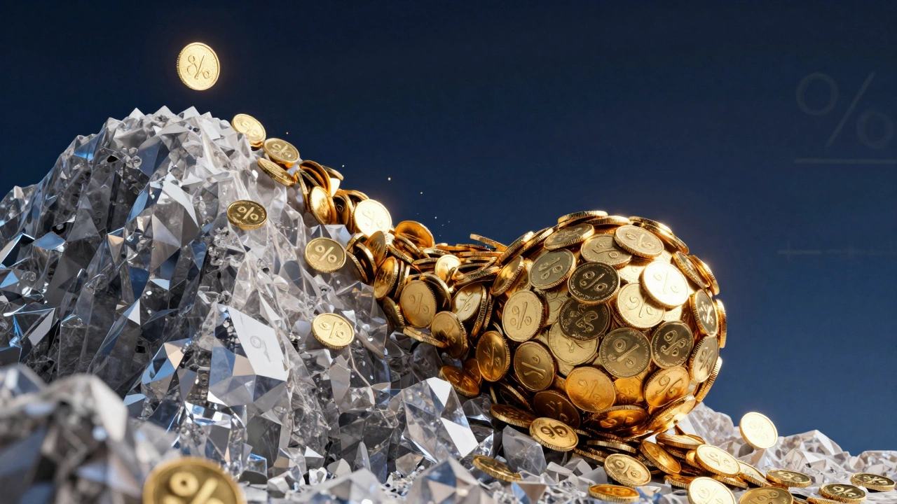 A golden snowball of coins rolling down a slope, symbolizing compound interest growth