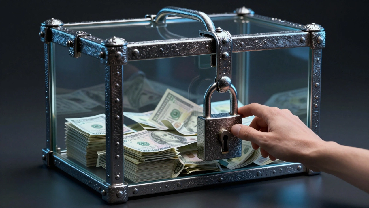 A hand reaching for money locked inside a glass box, symbolizing restricted access to funds.