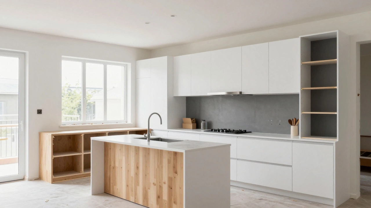A modern kitchen renovation in progress with natural lighting and a clean white palette.