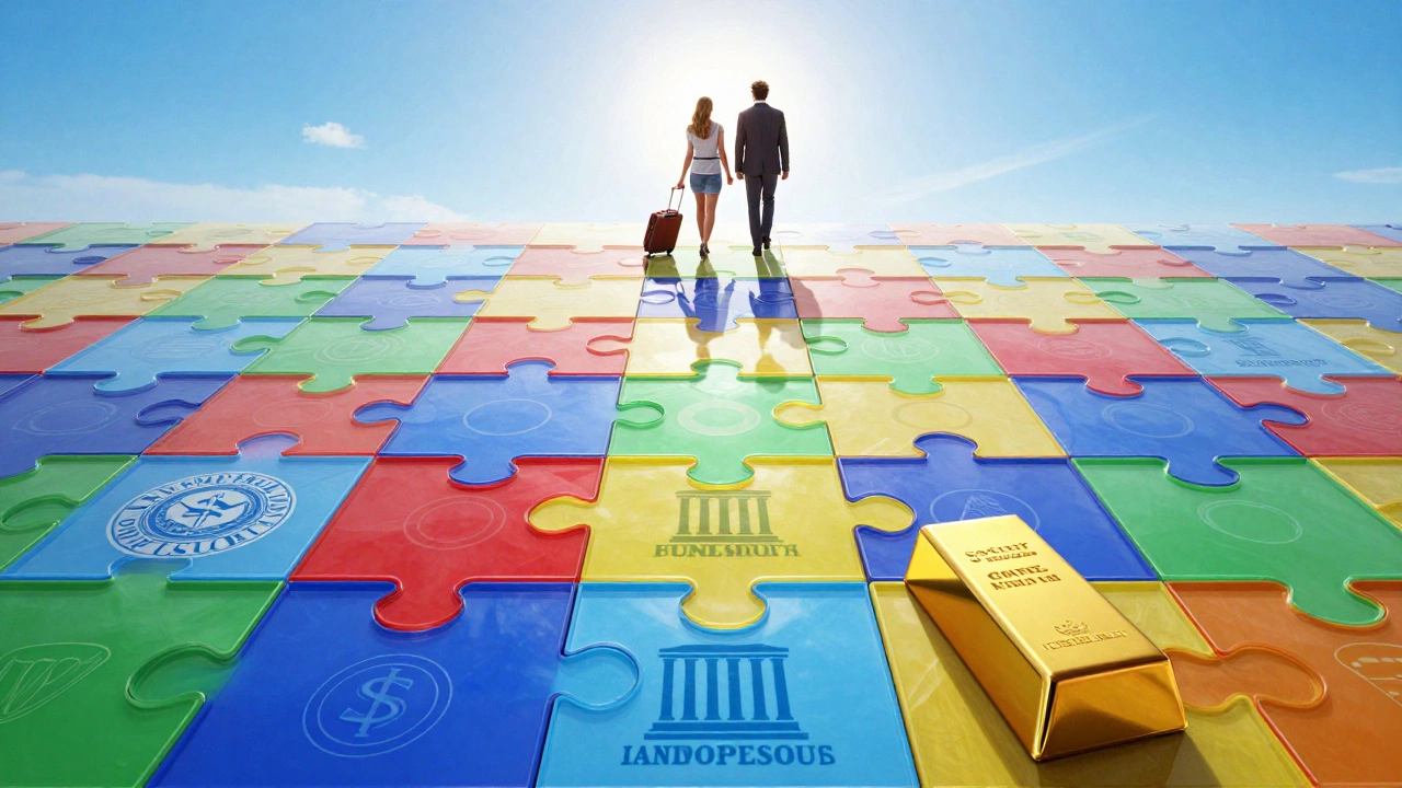 A puzzle-piece foundation representing combined income sources supporting a retired couple's travel.