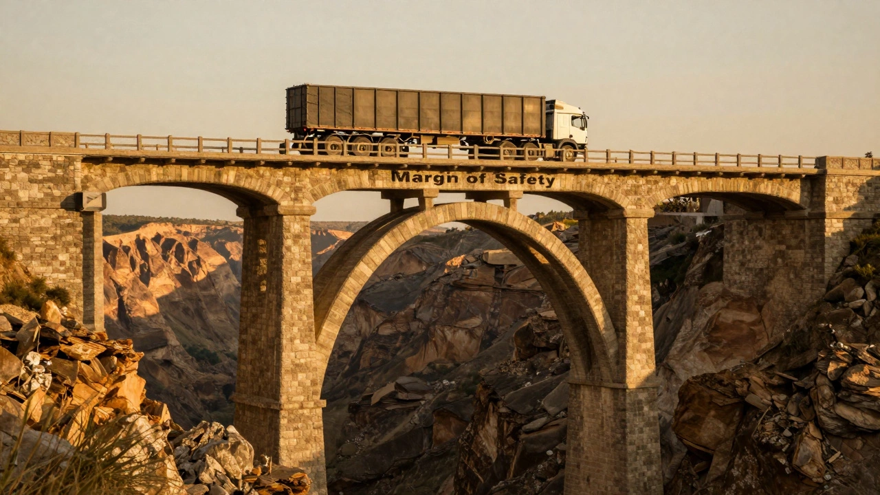 A reinforced stone bridge with massive supports protecting a heavy truck
