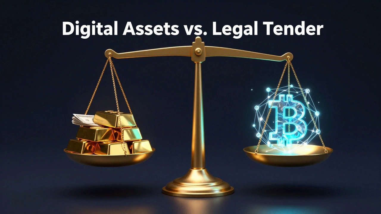 A scale balancing traditional gold and banknotes against a glowing digital blockchain
