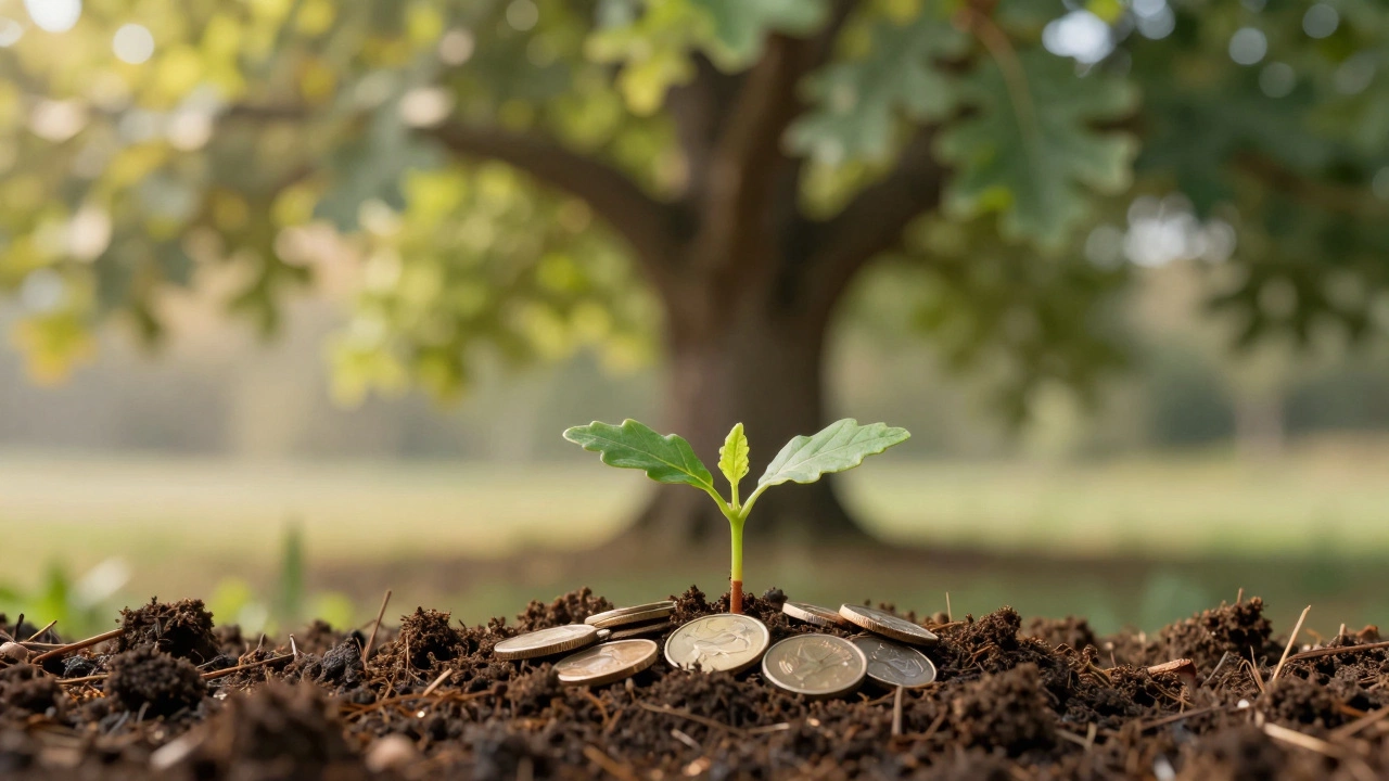 A small plant growing from coins in the soil, evolving into a large oak tree