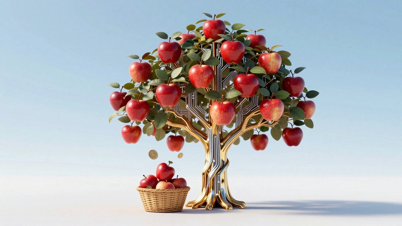 A stylized golden tree with red apples falling into a basket to symbolize pension income.