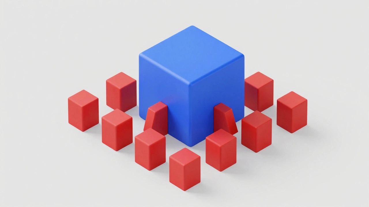 Conceptual 3D illustration of multiple small debts merging into one large loan