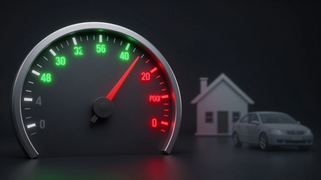 Digital gauge showing a credit score dropping from green to red