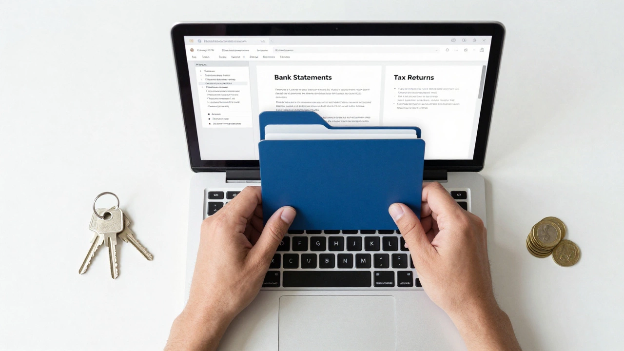 Organized digital documents and house keys on a desk symbolizing mortgage preparation.