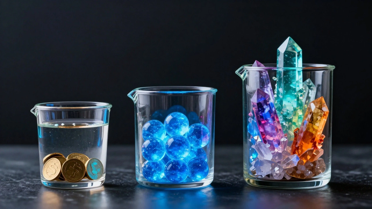 Three glowing glass buckets containing coins, blue spheres, and crystals to represent a financial strategy.