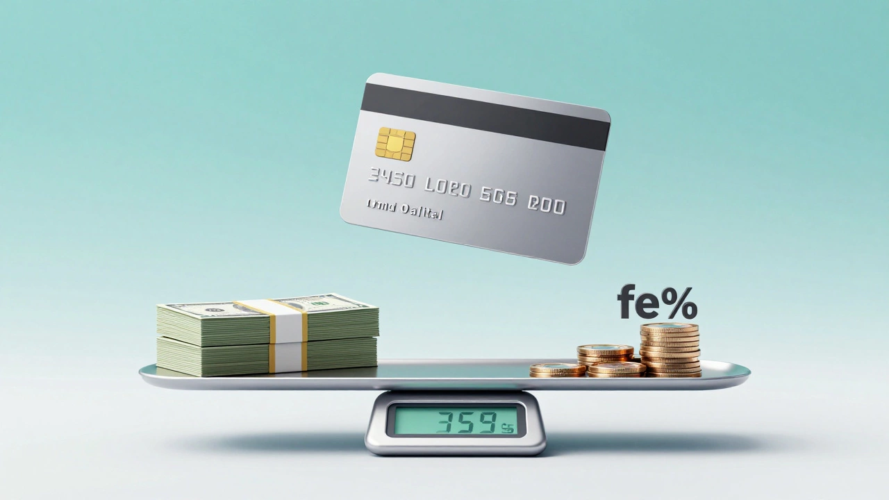 3D illustration of a credit card balancing cash and fee coins on a scale