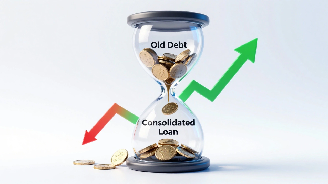 3D illustration of debt consolidation process with hourglass and credit score arrows