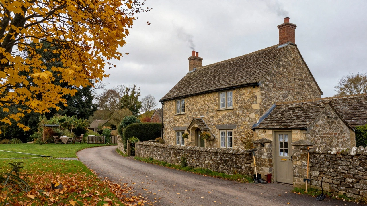 A peaceful rural cottage in the English countryside representing frugal living.