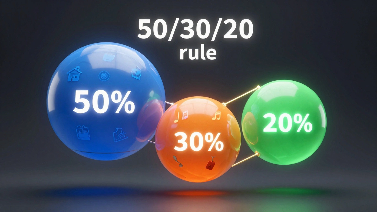 Abstract 3D spheres illustrating the 50-30-20 budgeting rule balance